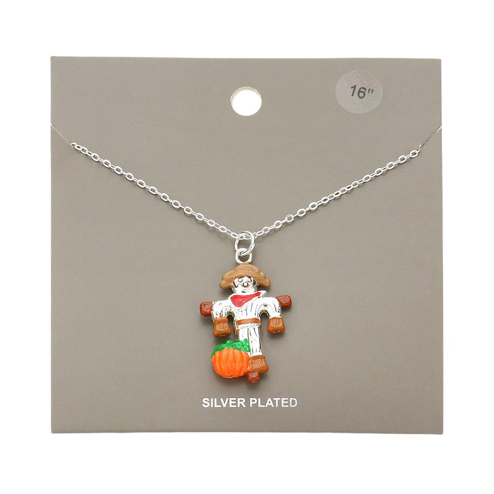 Silver Plated Scarecrow Pumpkin Pendant Necklace