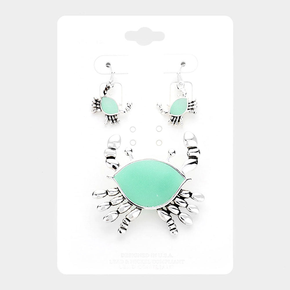 Sea Glass Detail Metal Crab Magnetic Pendant Set