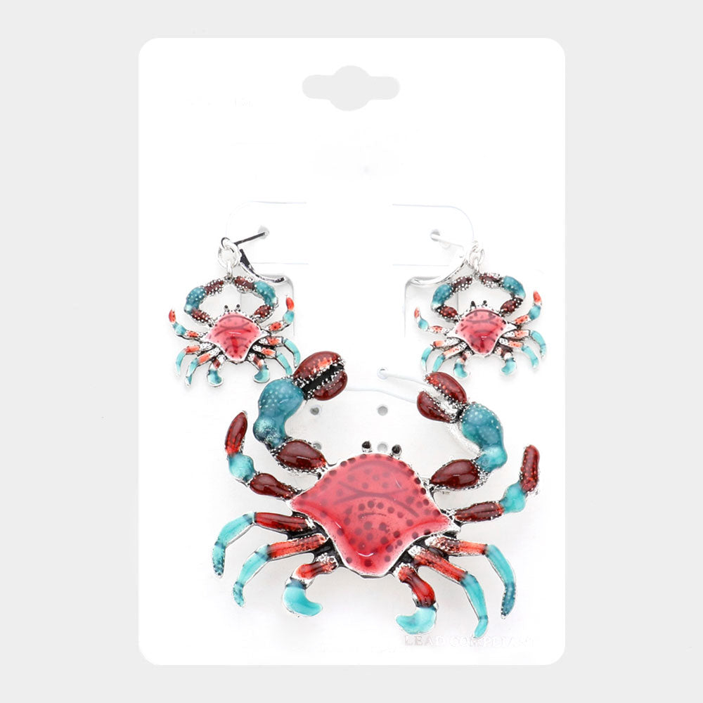 Enamel Crab Pendant Pin Brooch Set