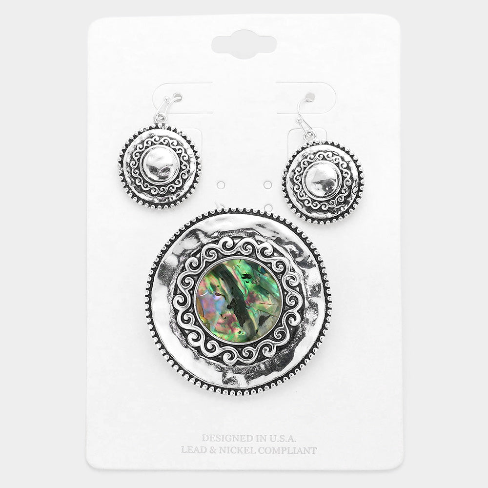 Embossed Metal Abalone Round Magnetic Pendant Set