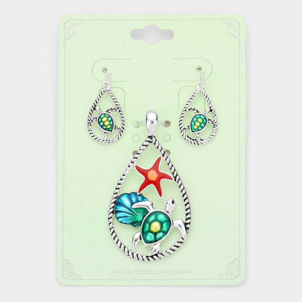 Enamel Starfish Shell Turtle Accented Open Teardrop Pendant Set
