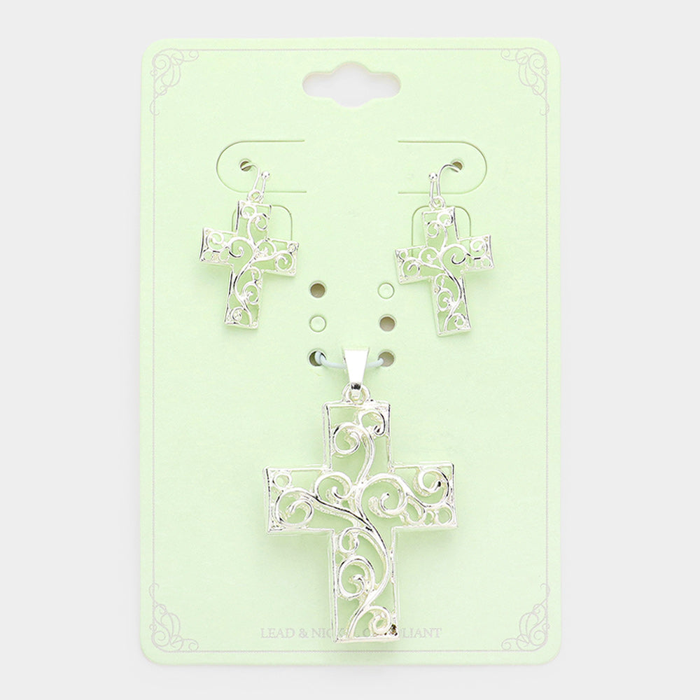 Filigree Metal Cross Pendant Set