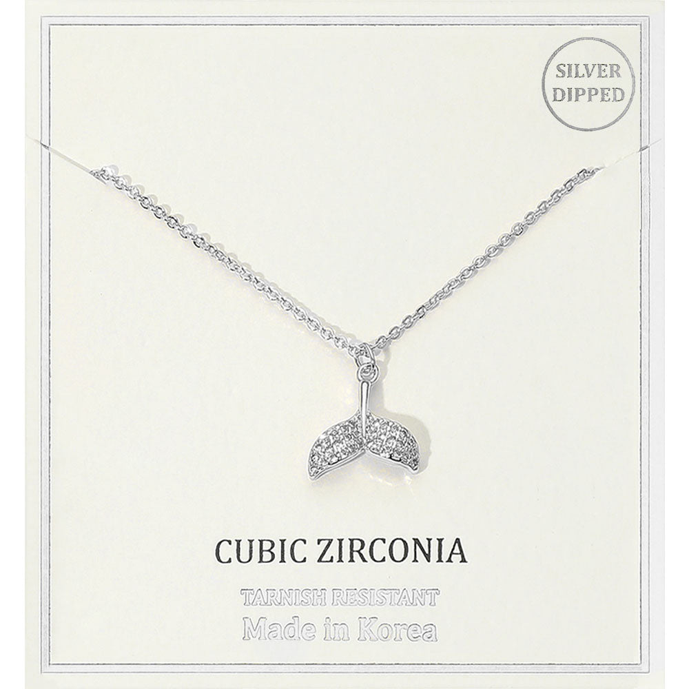 Silver Dipped CZ Stone Paved Whale Tale Pendant Necklace