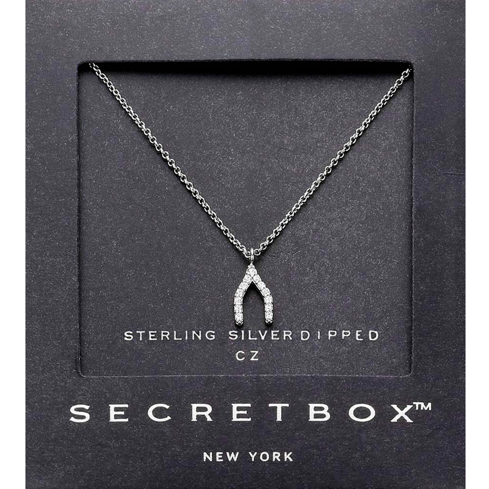 SECRET BOX_Sterling Silver Dipped CZ Stone Paved Wishbone Pendant Necklace