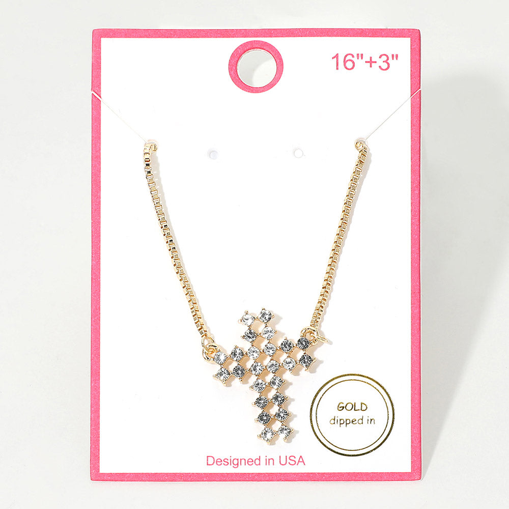 Gold Dipped Rhinestone Cross Pendant Necklace