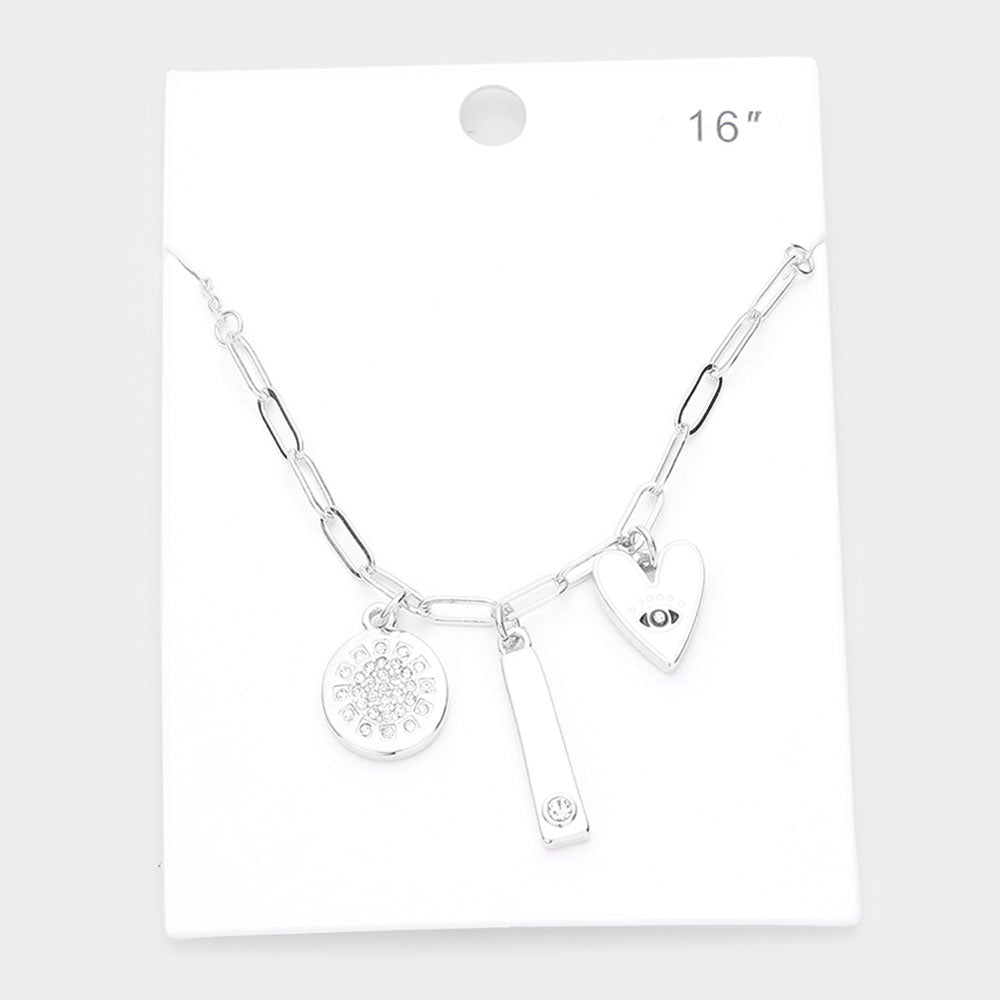 Rhinestone Embellished Metal Round Rectangle Evil Eye Accented Heart Pendant Necklace