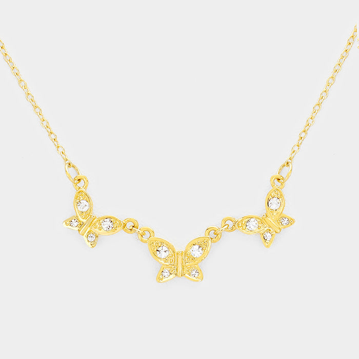 Rhinestone Triple Butterfly Pendant Necklace