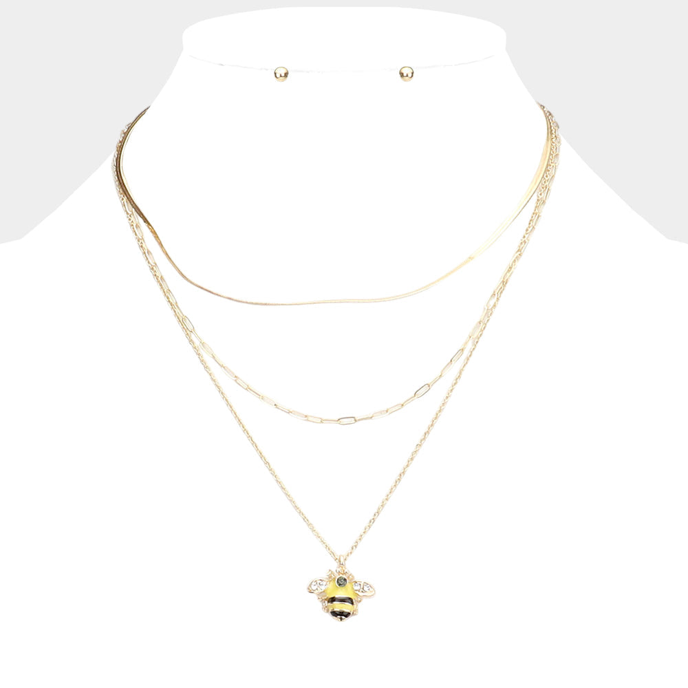 Stone Embellished Enamel Honey Bee Pendant Triple Layered Necklace