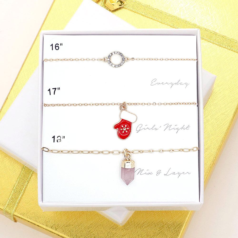 3PCS - Open Circle Glove Natural Stone Pendant Necklaces