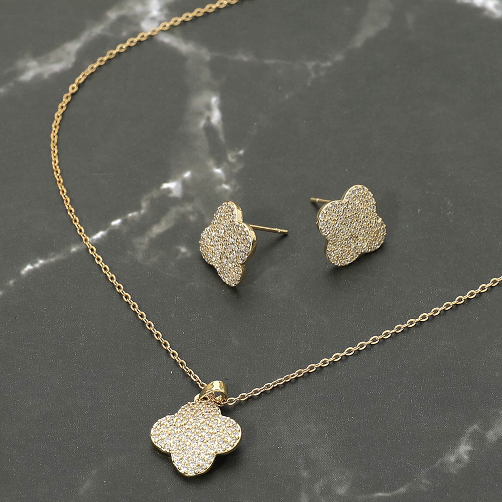 Stainless Steel Stone Pave Quatrefoil Pendant Necklace