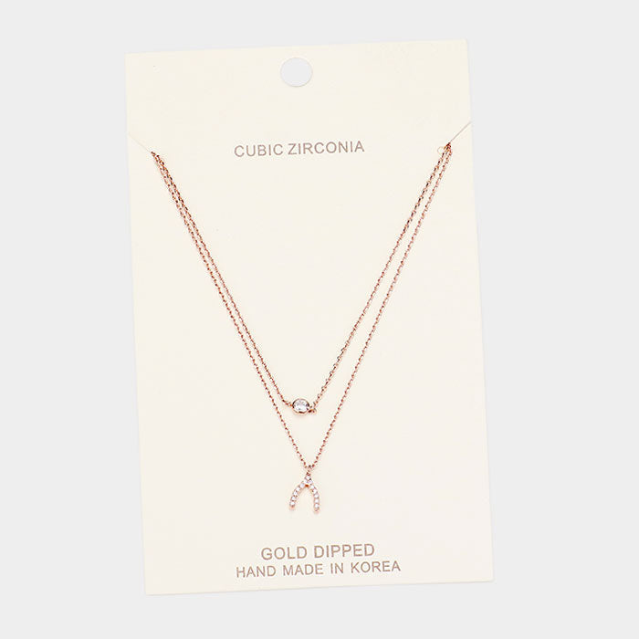 Gold Dipped Cubic Zirconia CZ Wishbone Pendant Necklace