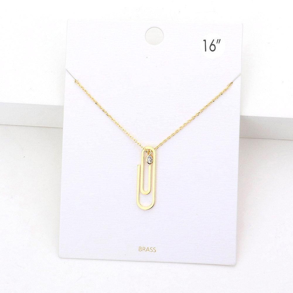 Brass Metal Paperclip Round Stone Pendant Necklace