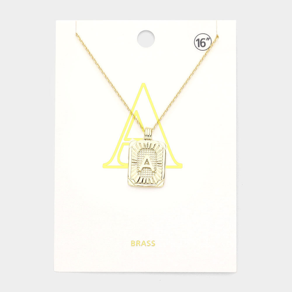 -A- Brass Metal Rectangle Initial Monogram Pendant Necklace
