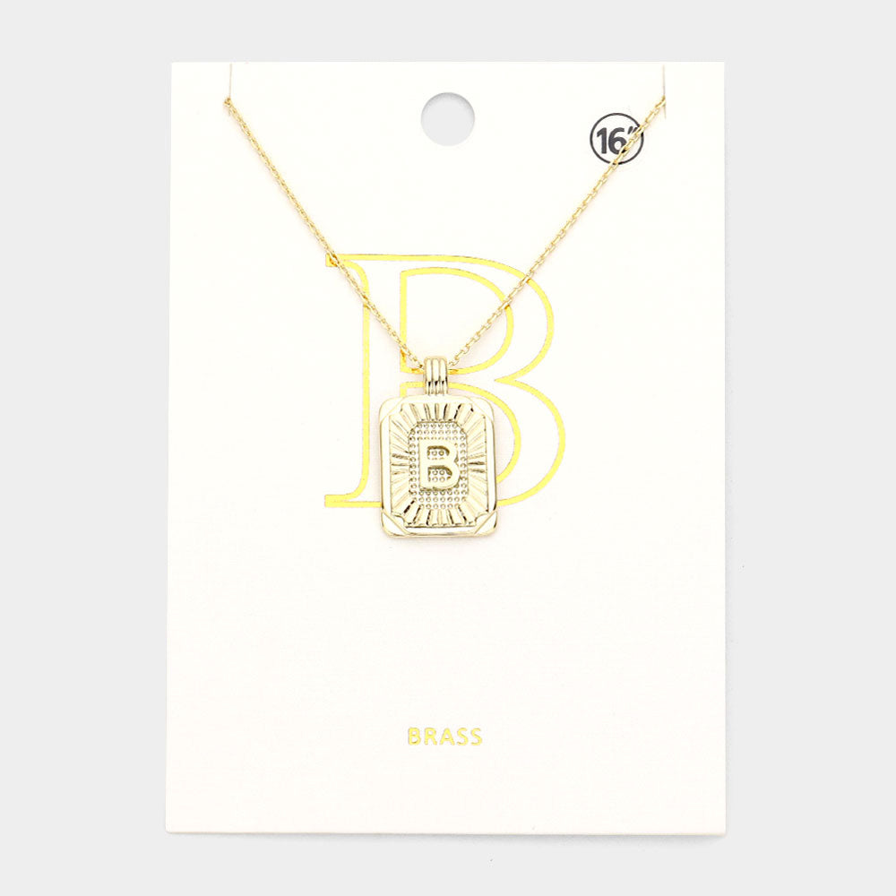 -B- Brass Metal Rectangle Initial Monogram Pendant Necklace