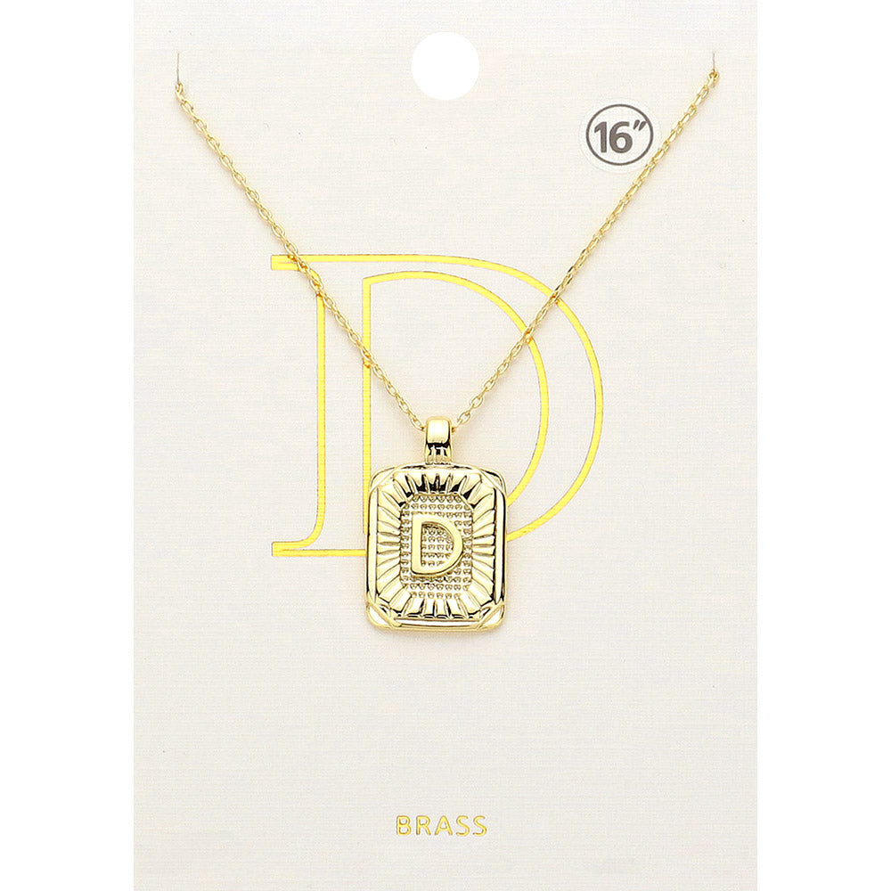 -D- Brass Metal Rectangle Initial Monogram Pendant Necklace