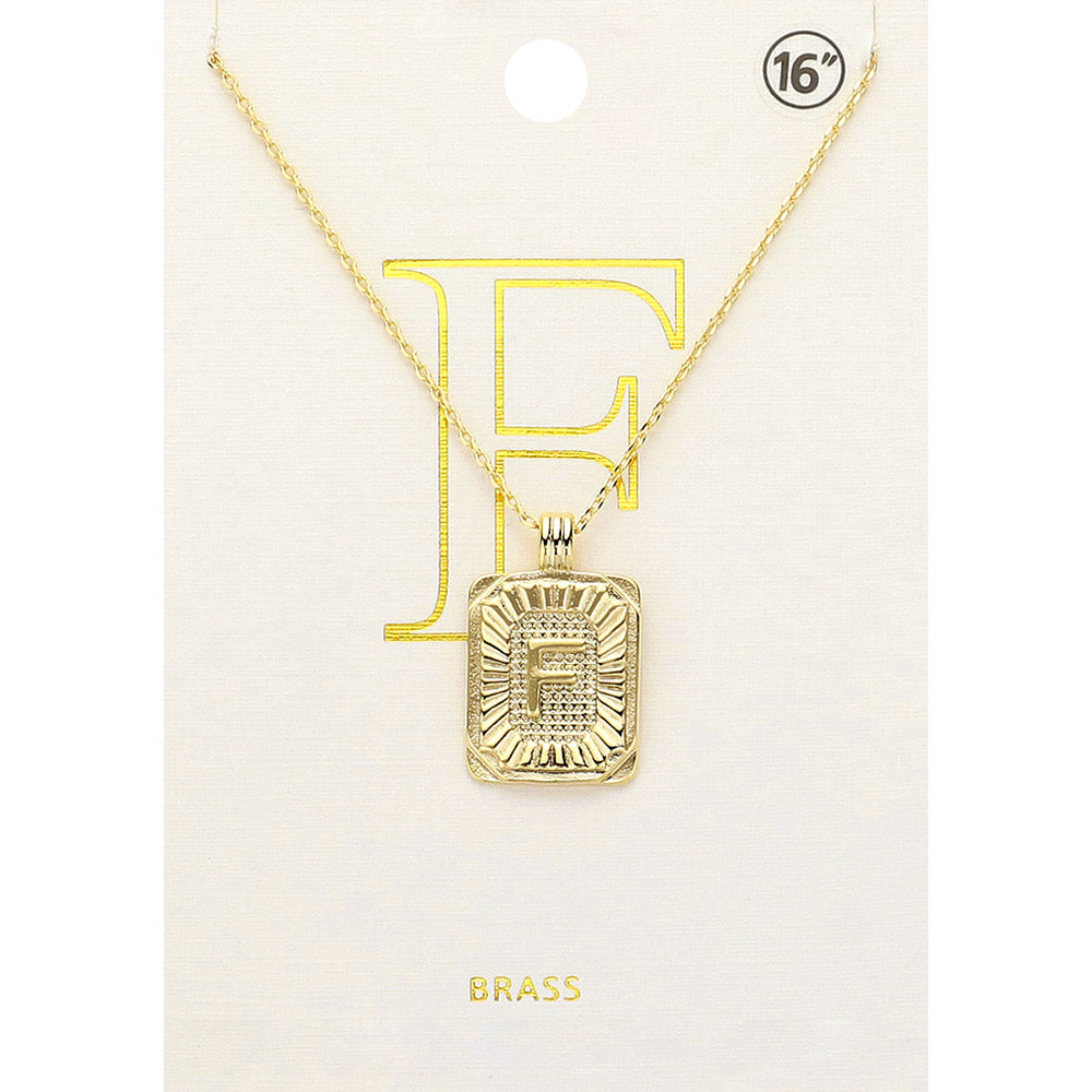 -F- Brass Metal Rectangle Initial Monogram Pendant Necklace