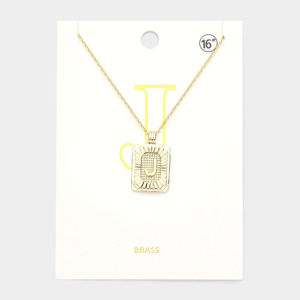 -J- Brass Metal Rectangle Initial Monogram Pendant Necklace