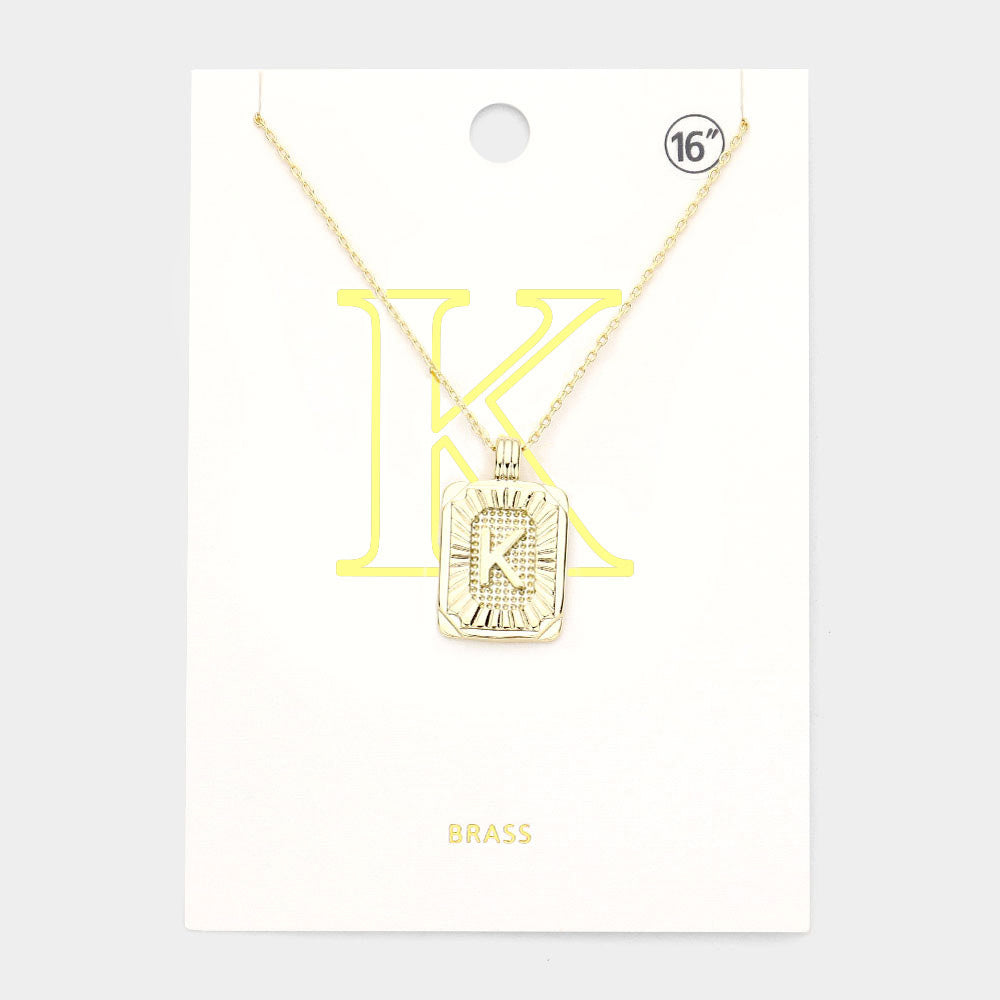 -K- Brass Metal Rectangle Initial Monogram Pendant Necklace