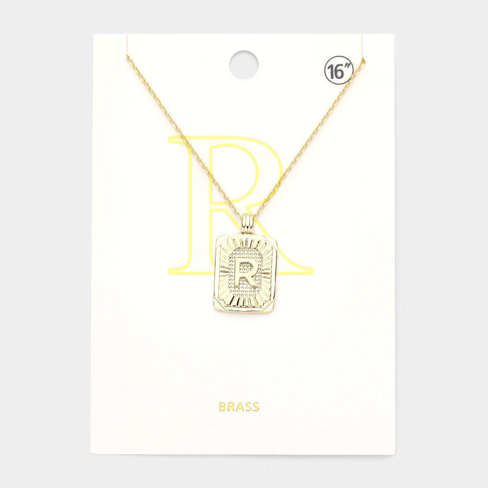 -R- Brass Metal Rectangle Initial Monogram Pendant Necklace