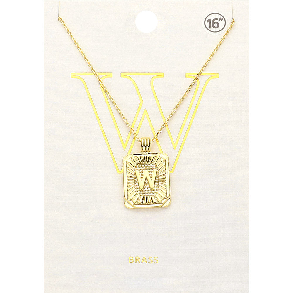 -W- Brass Metal Rectangle Initial Monogram Pendant Necklace