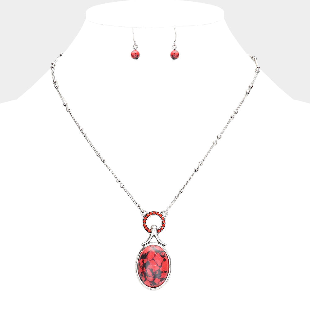 Stone Embellished Open Circle Oval Natural Stone Pendant Necklace