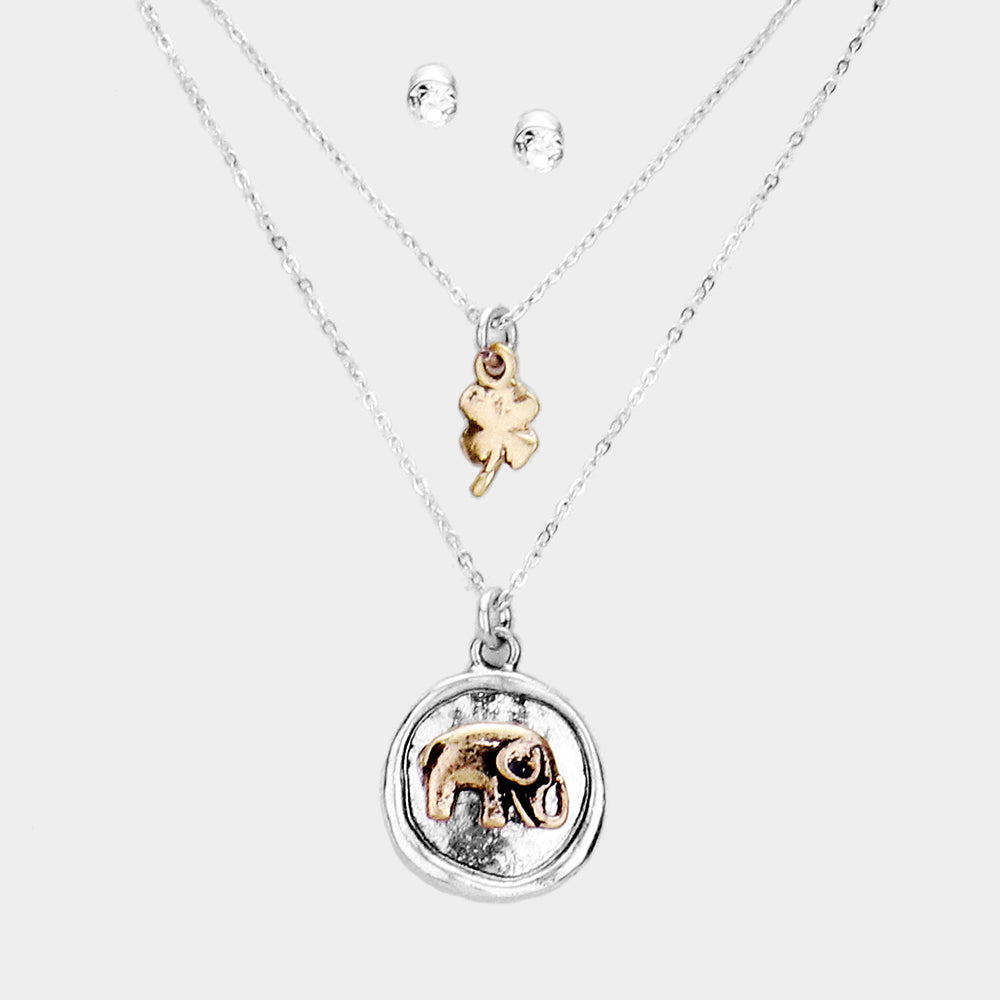 Burnished Metal Elephant Clover Pendant Layered Necklace