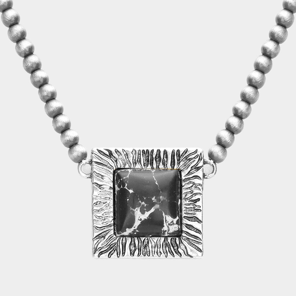 Square Natural Stone Accented Pendant Necklace