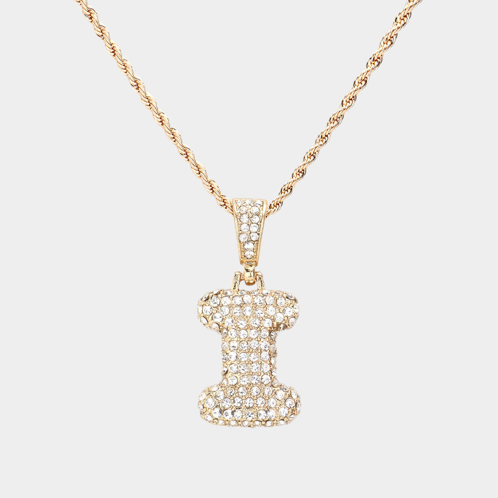 -I- Rhinestone Initial Monogram Pendant Brass Chain Necklace