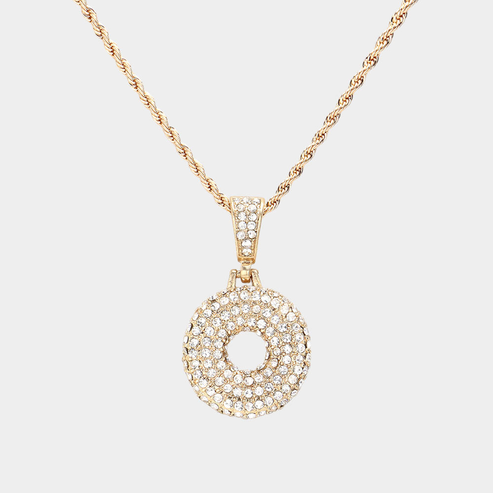 -O- Rhinestone Initial Monogram Pendant Brass Chain Necklace