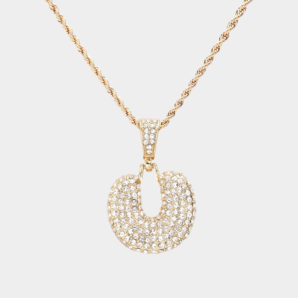 -U- Rhinestone Initial Monogram Pendant Brass Chain Necklace