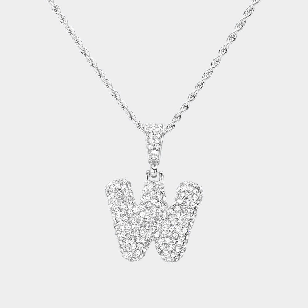 -W- Rhinestone Initial Monogram Pendant Brass Chain Necklace