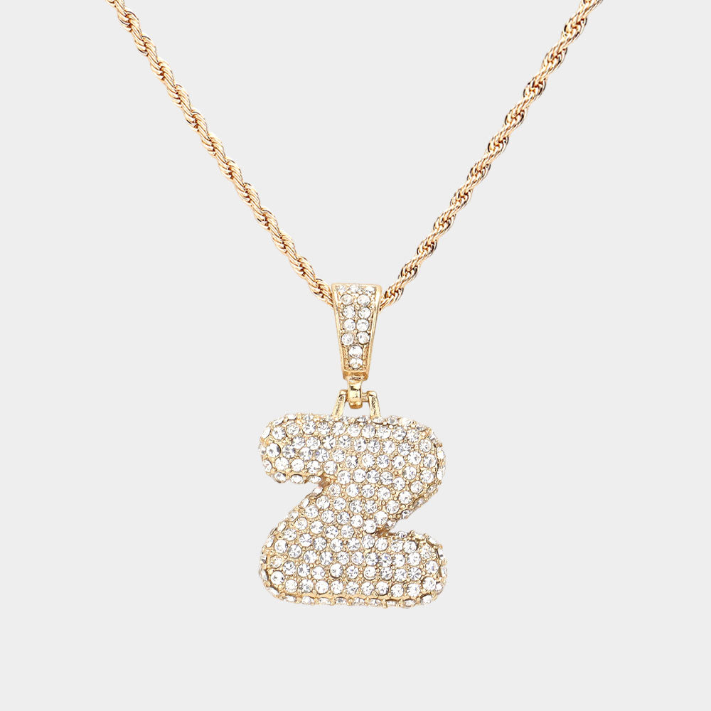 -Z- Rhinestone Initial Monogram Pendant Brass Chain Necklace