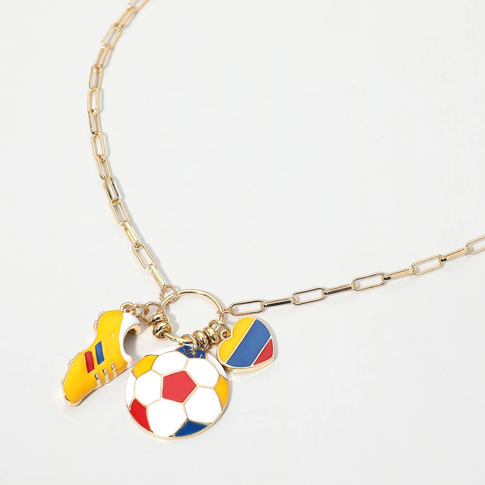 Colombia Soccer Ball Shoe Heart Charm Toggle Pendant Paperclip Chain Necklace