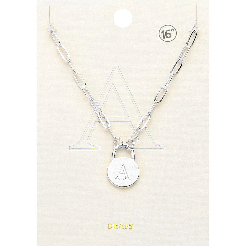 -A- Brass Metal Initial Monogram Lock Pendant Necklace