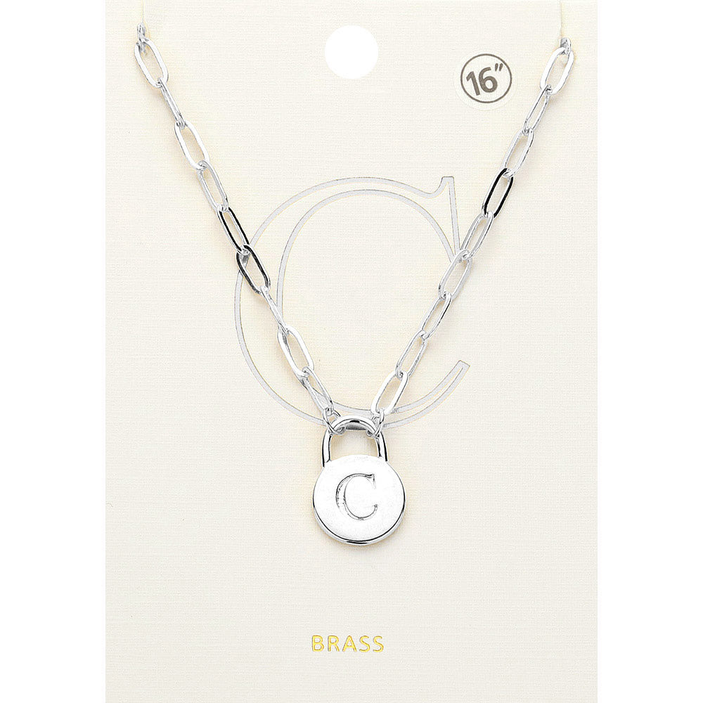 -C- Brass Metal Initial Monogram Lock Pendant Necklace