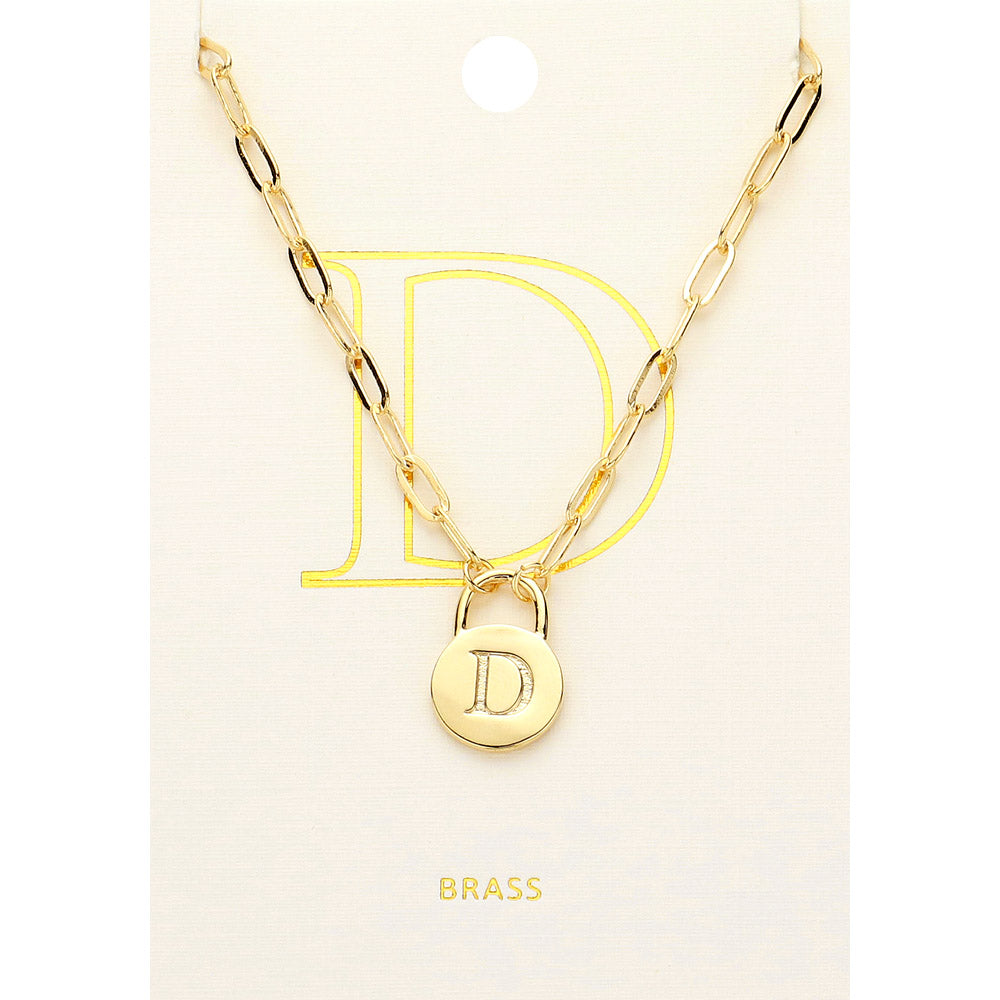 -D- Brass Metal Initial Monogram Lock Pendant Necklace