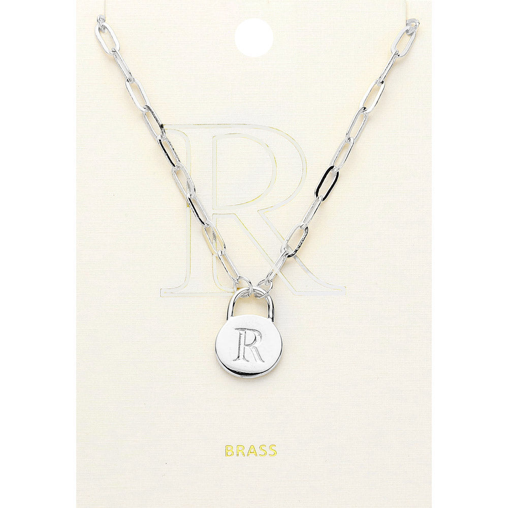 -R- Brass Metal Initial Monogram Lock Pendant Necklace