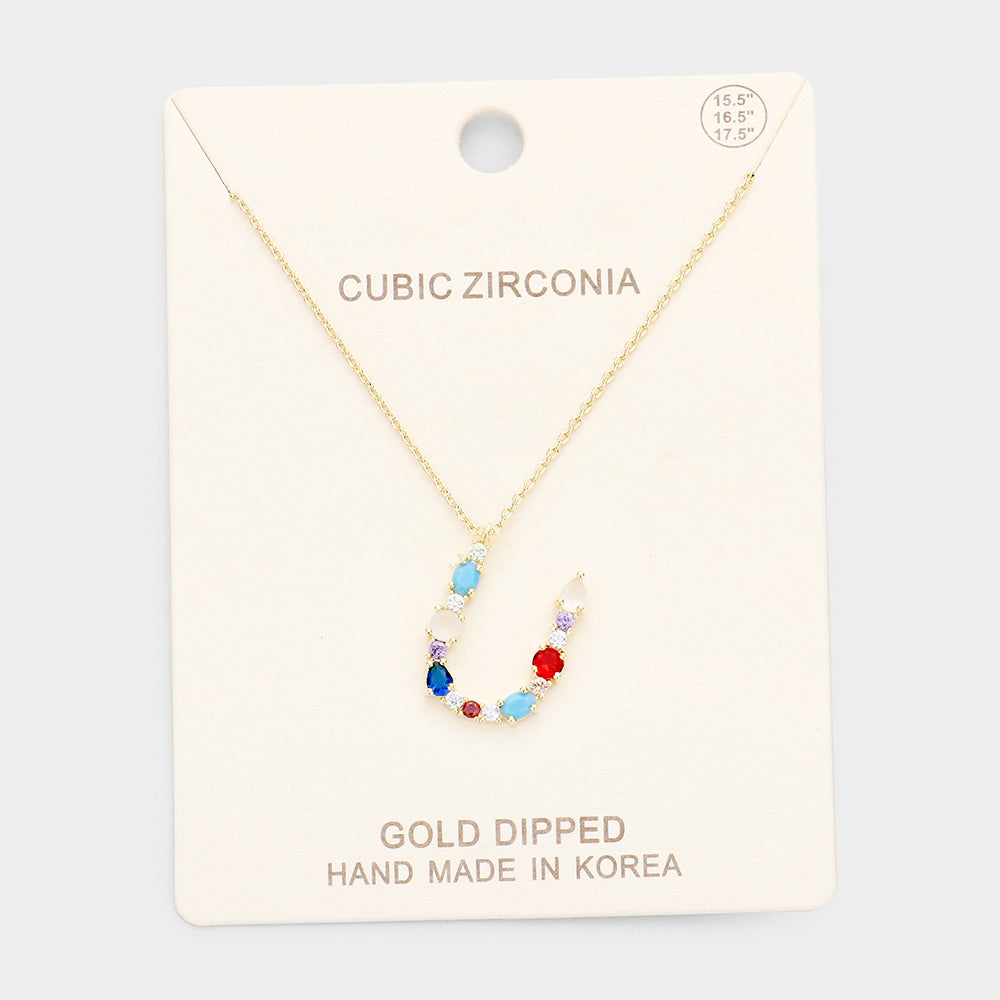 Gold Dipped CZ Letter U Initial Monogram Pendant Necklace