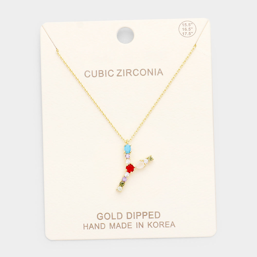 Gold Dipped CZ Letter Y Initial Monogram Pendant Necklace