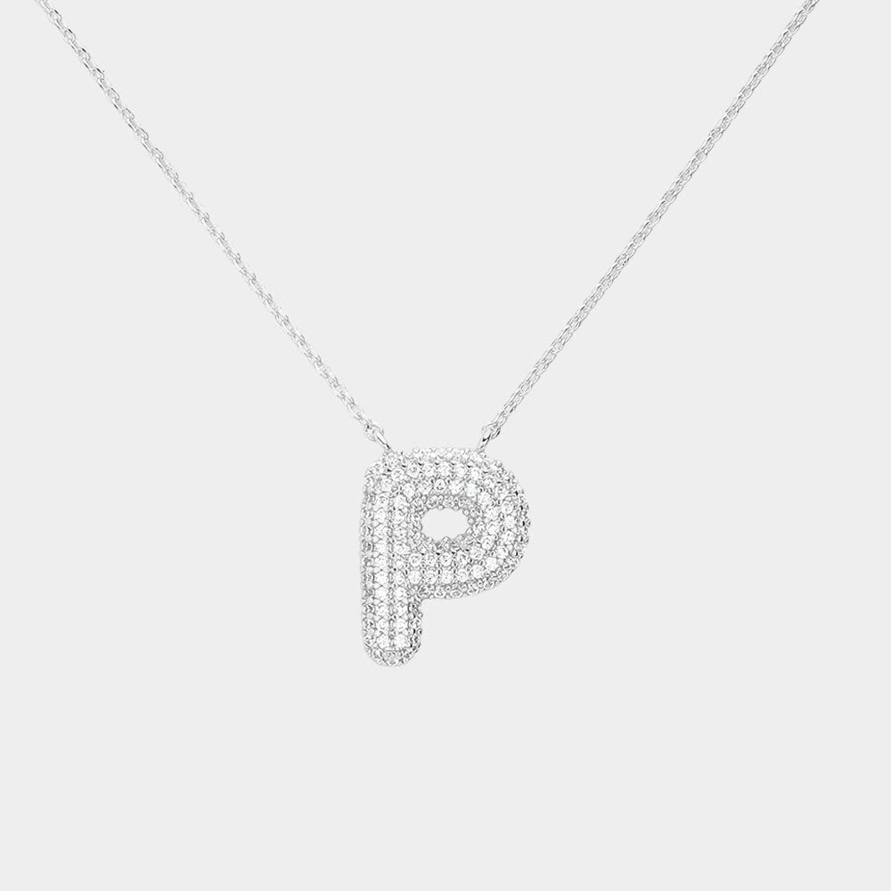 -P- White Gold Dipped CZ Initial Monogram Pendant Necklace