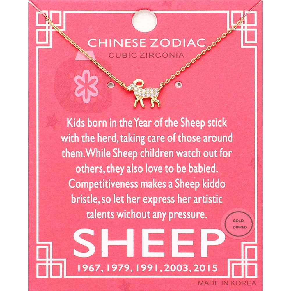 Lunar 12 Zodiac Gold Dipped CZ Sheep Pendant Necklace