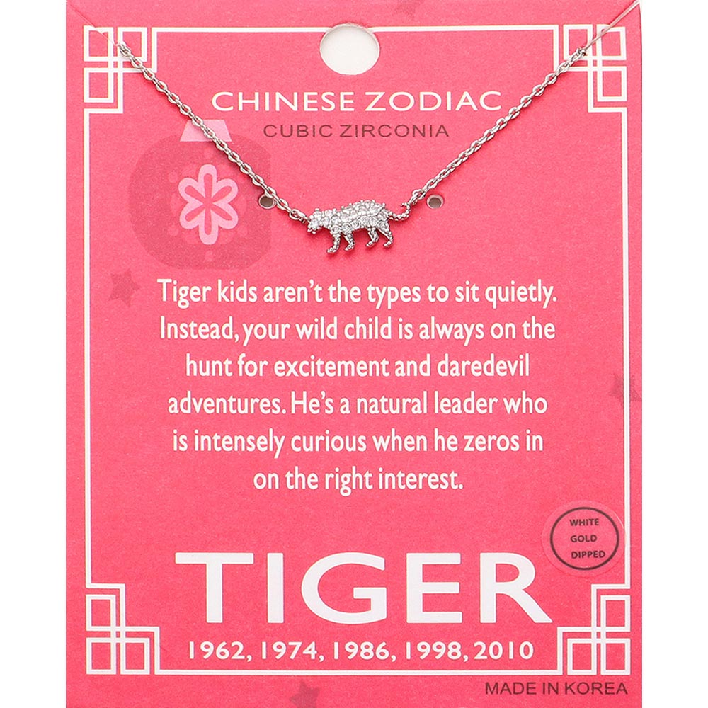 Lunar 12 Zodiac White Gold Dipped CZ Tiger Pendant Necklace