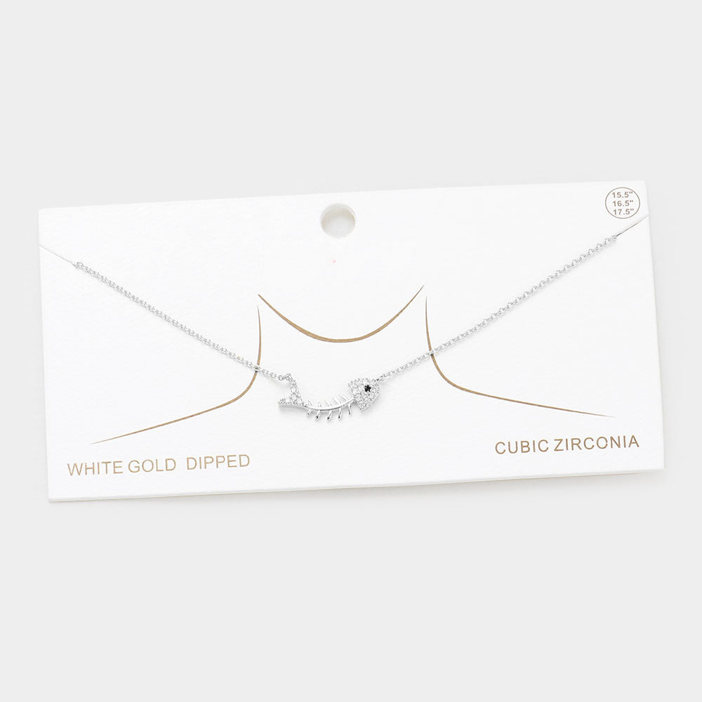 White Gold Dipped CZ Fishbone Pendant Necklace