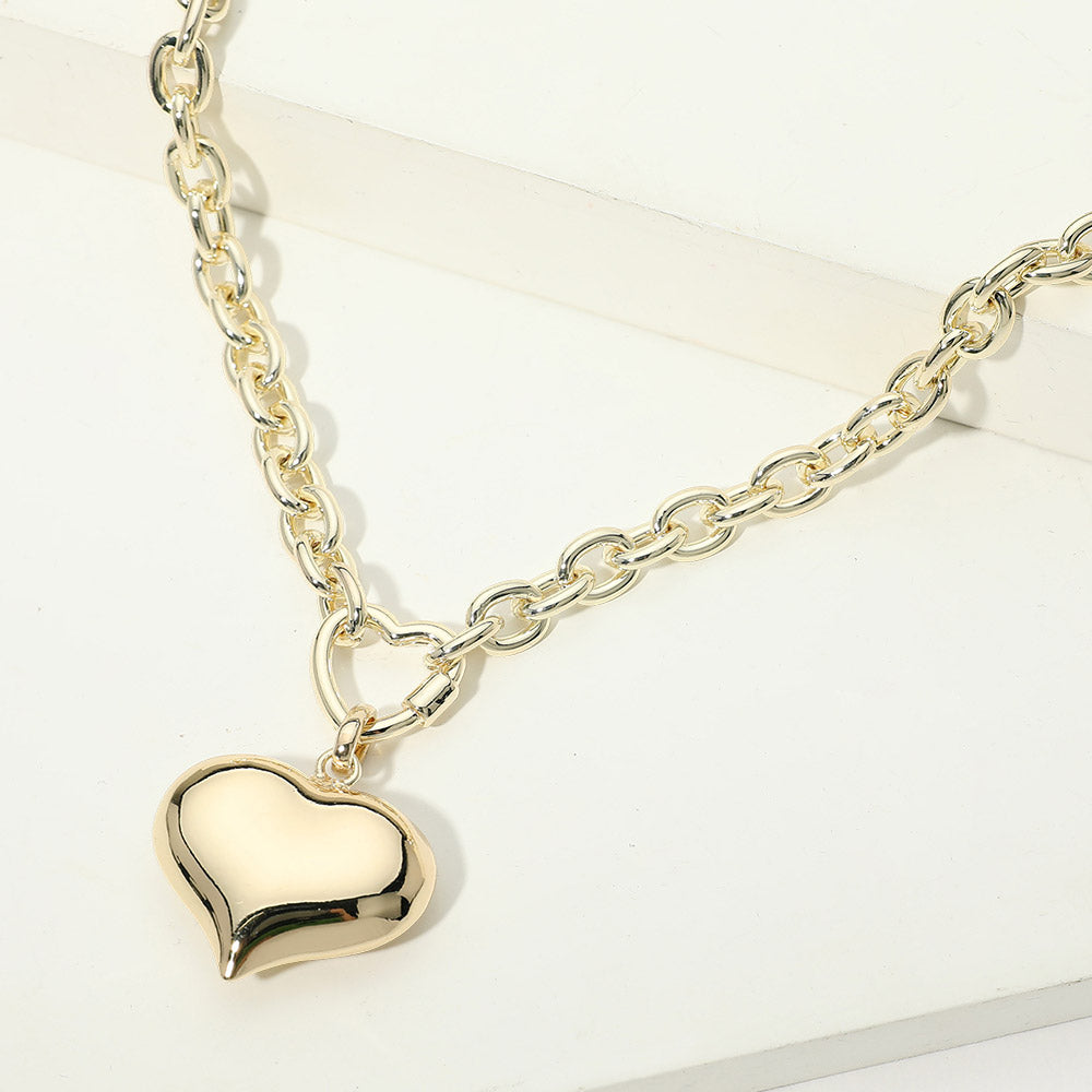 14K Gold Plated Heart Pendant Chunky Chain Necklace