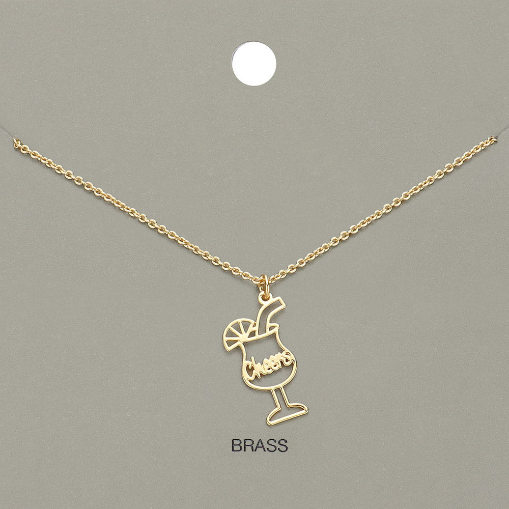 Cheers Message Champagne Tequila Glass Brass Metal Pendant Necklace