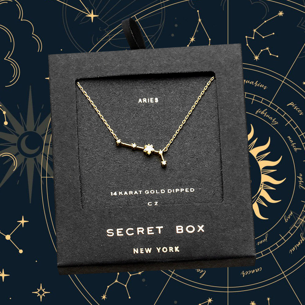 SECRET BOX_14K Gold Dipped CZ Aries Zodiac Sign Pendant Necklace