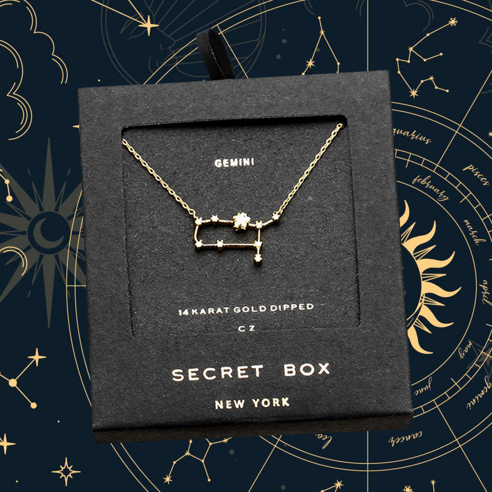SECRET BOX_14K Gold Dipped CZ Gemini Zodiac Sign Pendant Necklace