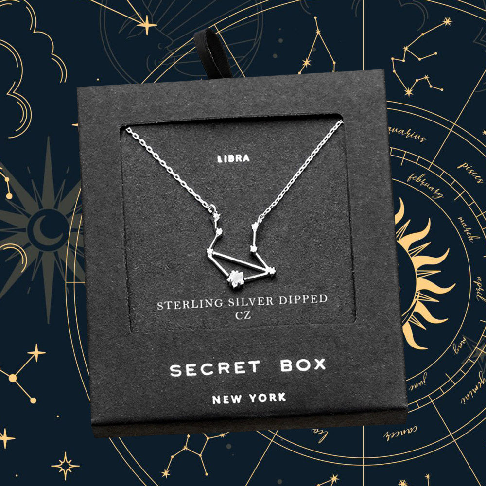 SECRET BOX_Sterling Silver Dipped CZ Libra Zodiac Sign Pendant Necklace