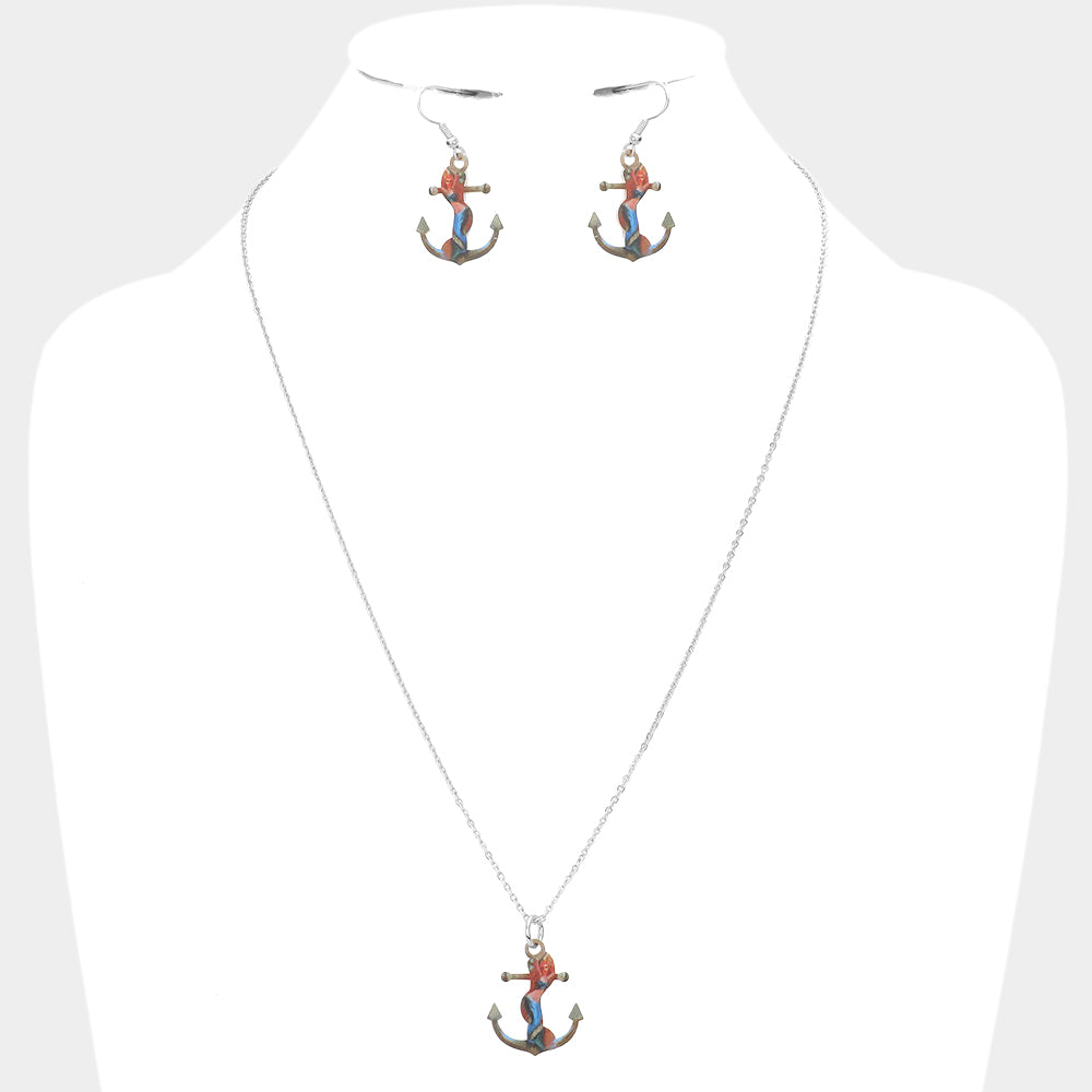 Mermaid Printed Anchor Pendant Necklace