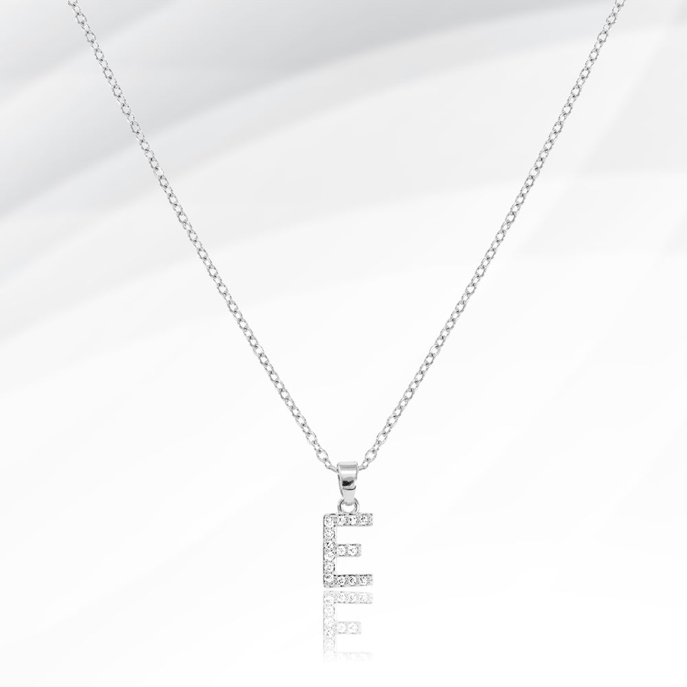 -E- Stainless Steel CZ Stone Paved Initial Monogram Pendant Necklace